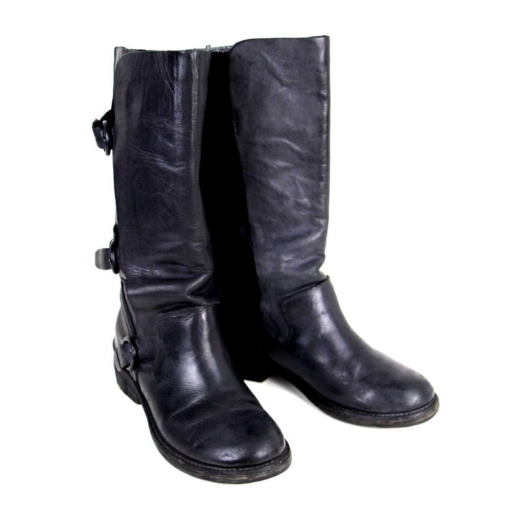 Trouve BLACK GENUINE LEATHER LOW HEEL PULL ON STRAP BUCKLE ROUND TOE BOOTS 6.5B